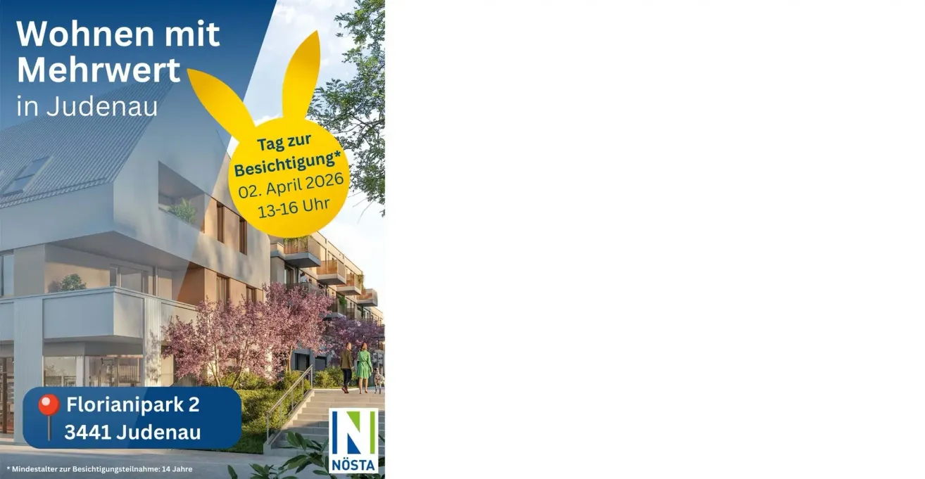 Einladung zur Besichtigung, mit einem gelben Hasen, am 02. April 2026, von 13-16 Uhr. Ein Gebäude mit Balkonen, umgeben von Pflanzen, und ein Logo für Nosta.