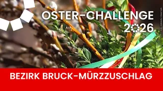 Das Bild zeigt ein Nahaufnahme einer Pflanze mit grünen Blättern und braunen Stängeln. Die Pflanze ist von bunten Bändern umgeben. Die Worte 'OSTER-CHALLENGE 2' sind in weißer Schrift geschrieben. Unten befindet sich das weiße Wort 'K BRUCK-MURZZUSC'.