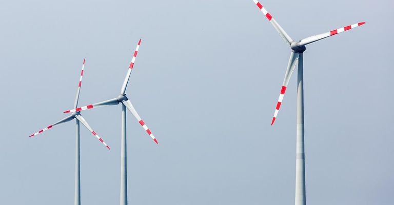 Ein Cluster von Windturbinen am blauen Himmel, jede Turbine hat drei Blätter und rote und weiße Streifen. Sie sind groß und metallisch.