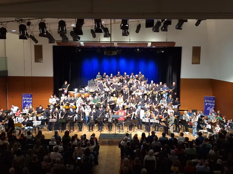 Ein großes Ensemble von Musikern tritt auf der Bühne auf, mit verschiedenen Instrumenten wie Saxophonen, Schlagzeug und Percussion. Das Publikum sitzt vor der Bühne und verfolgt die Aufführung.