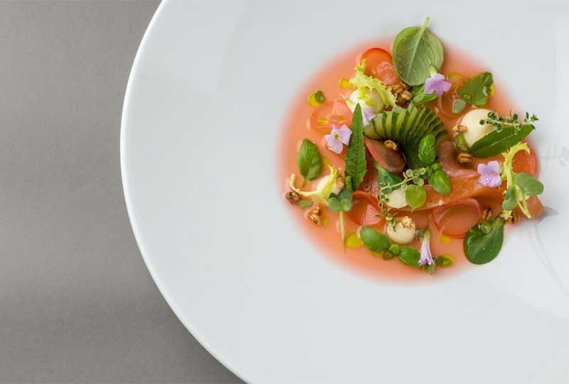 Ein weißer Teller mit einem farbenfrohen Salat, bestehend aus roten Gemüsesorten, Grünzeug und rosa Flüssigkeit. Verziert mit kleinen violetten Blüten und Kräutern.