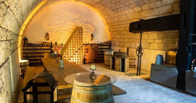 Ein Keller aus Stein mit einem Holztisch und Fässern mit Wein. Der Keller ist mit warmen Lichtern beleuchtet und verfügt über einen Projektor.