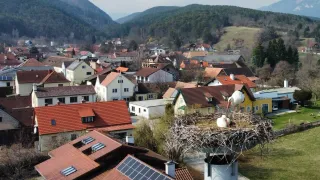 Auf einem Haus sitzen zwei Störche in einem Nest. Darunter befinden sich Häuser mit Solarmodulen in einem Dorf mit Bergen in der Ferne.