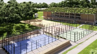 Eine Vogelperspektive auf einen modernen Sportkomplex mit mehreren Tennisplätzen, einem grün gedeckten Gebäude und einem üppigen grünen Park.