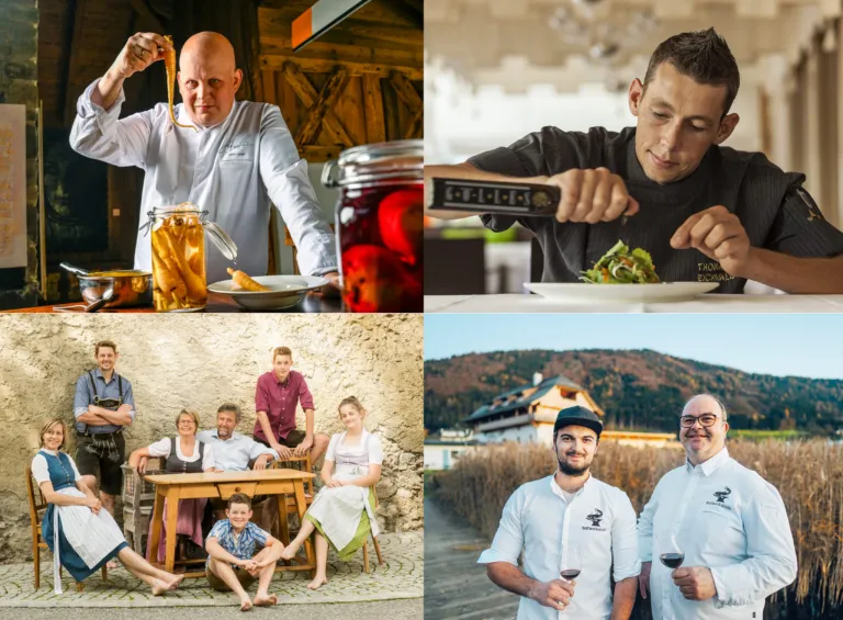 Ein Collage von Köchen beim Essen zubereiten, einer mit Karotten, einer mit Gemüse und anderen mit Familie. Eine Familie mit fünf Personen posiert mit einem Mann. Zwei Köche halten Weingläser.