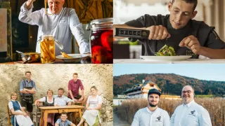 Ein Collage von Köchen beim Essen zubereiten, einer mit Karotten, einer mit Gemüse und anderen mit Familie. Eine Familie mit fünf Personen posiert mit einem Mann. Zwei Köche halten Weingläser.
