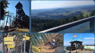 Ein Waldweg mit einer Person, die einen gelben Karren fährt. Ein gelbes Schild an einem Pfosten. Ein Turm umgeben von Bäumen. Eine malerische Aussicht auf eine Bergkette.