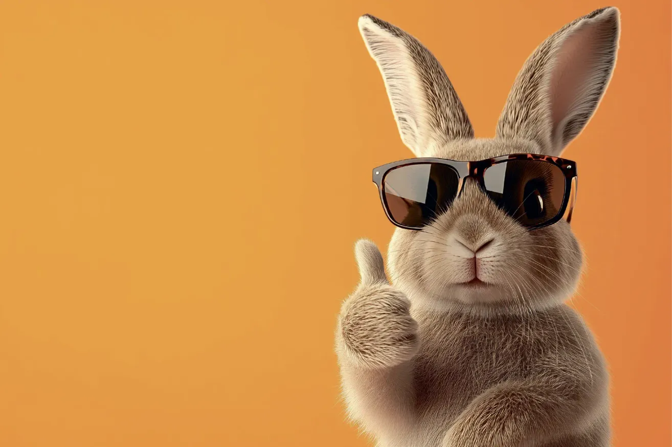 Ein Hase mit Sonnenbrille gibt auf einem orangefarbenen Hintergrund einen Daumen hoch.