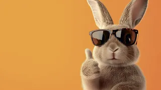 Ein Hase mit Sonnenbrille gibt auf einem orangefarbenen Hintergrund einen Daumen hoch.