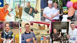 Eine Collage von Fotos, die verschiedene Menschen in Eisdielen zeigt. Ein Mann in einer Kochmütze, ein anderer mit einem Eisbecher und eine Pinguinstatue mit einem Eisbecher.