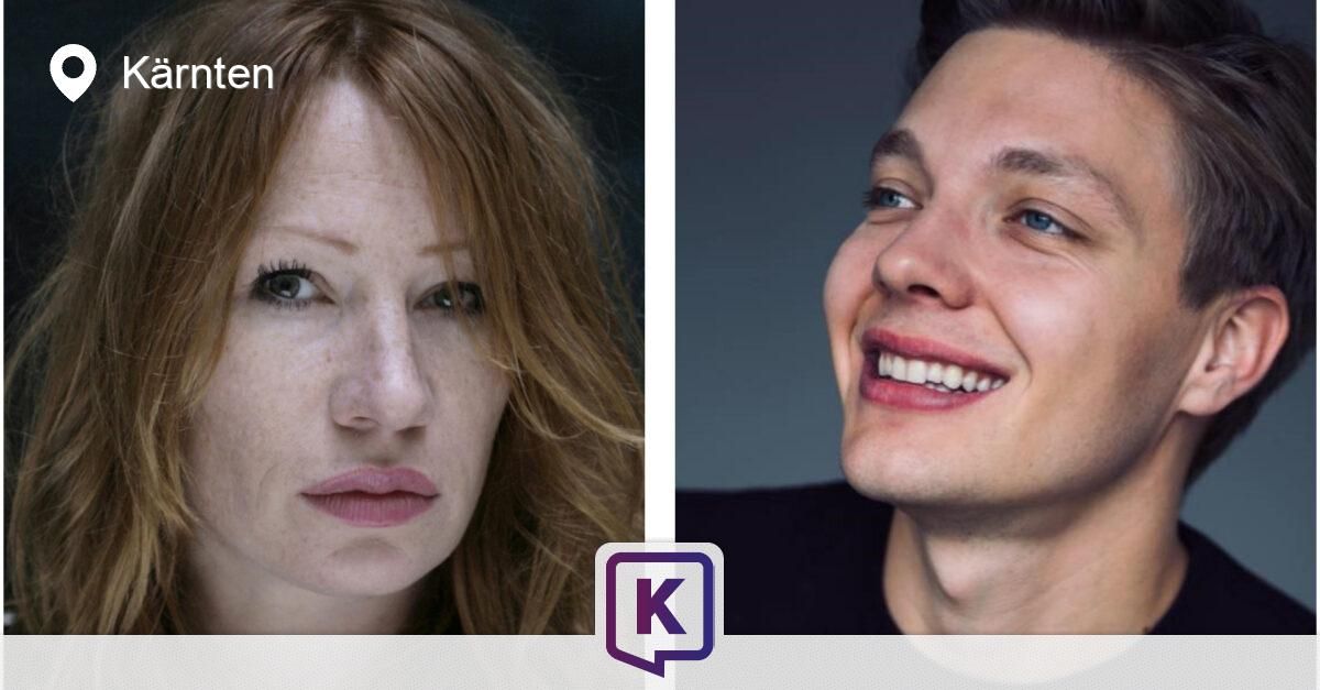 Eine Frau mit braunen Haaren und Sommersprossen sieht ernst aus, mit dem Buchstaben 'K' in einer lila Sprechblase. Ein Mann mit einem Lächeln hat blaue Augen, einen Muttermal und eine lila 'K' in einer Sprechblase.