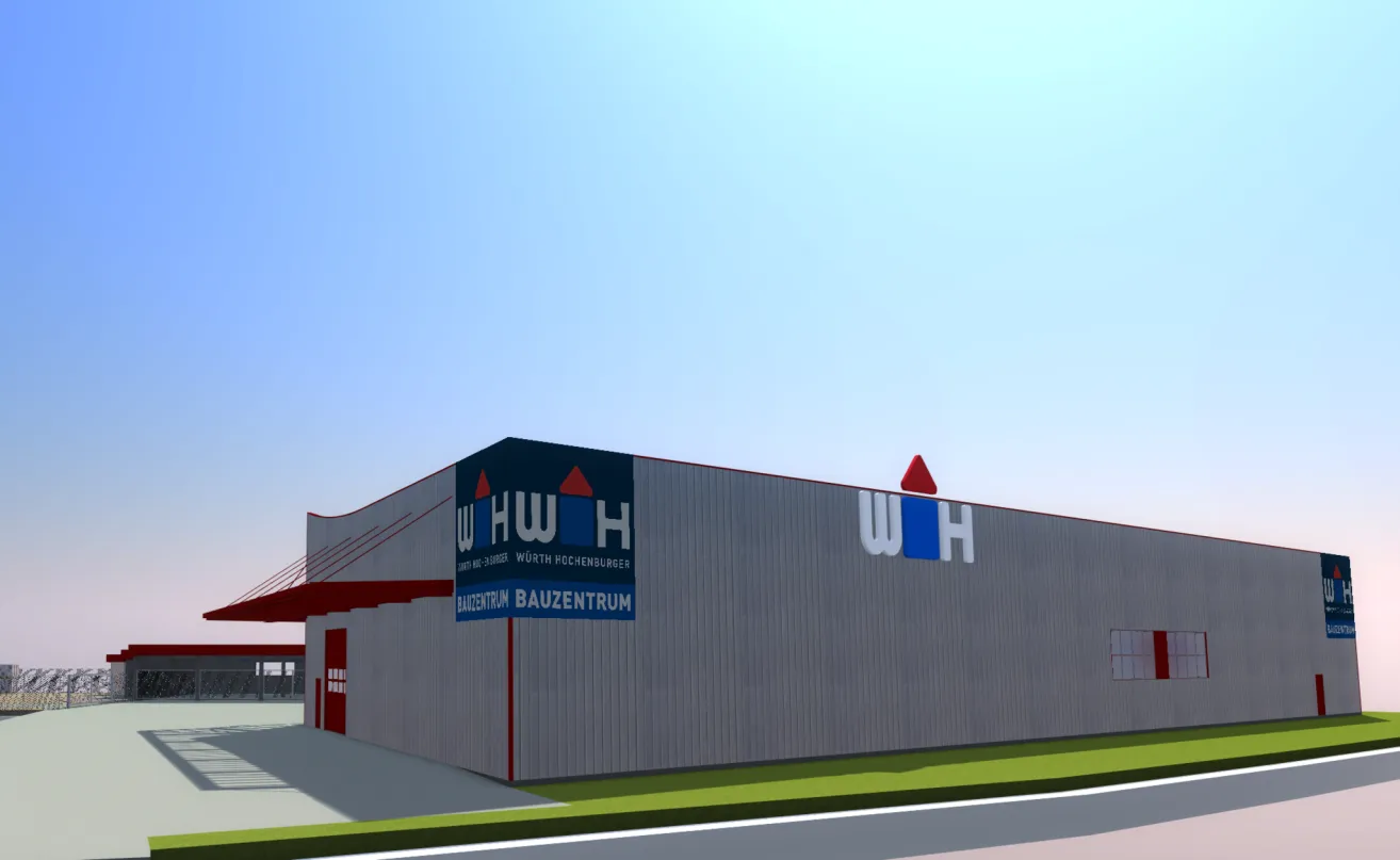 Ein modernes Gebäude mit einem blauen Schild, das 'WHH Bauzentrum' steht, mit rotem Dach, weißen Türen und einem Logo mit Pfeilen.