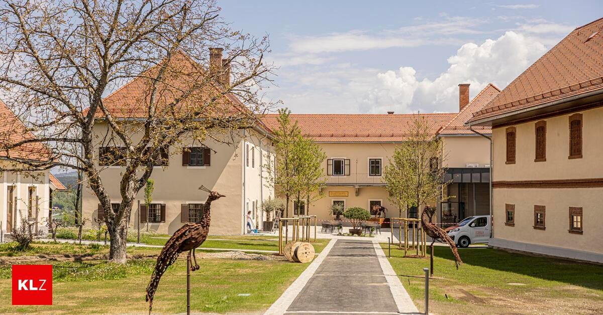 Ein Vorhof eines Gebäudes mit roten Dächern hat einen Weg, der zum Eingang führt. Es gibt zwei große Pfauenskulpturen auf dem Rasen. Ein weißer Van ist neben dem Gebäude geparkt. Bäume und Pflanzen stehen vor dem Gebäude.