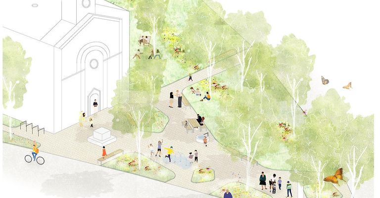 Eine ruhige Parkszene mit Menschen, die verschiedene Aktivitäten ausführen, umgeben von Bäumen und einem zentralen Gehweg. Einige sitzen auf Bänken, während andere gehen oder spielen.