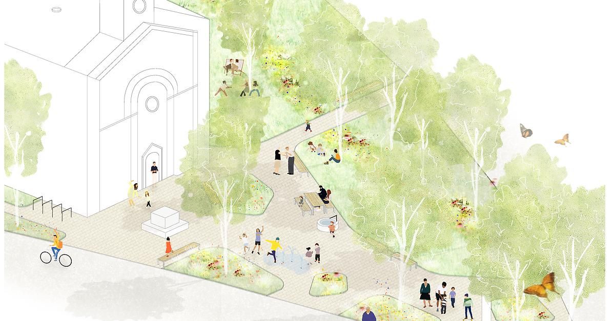 Eine ruhige Parkszene mit Menschen, die verschiedene Aktivitäten ausführen, umgeben von Bäumen und einem zentralen Gehweg. Einige sitzen auf Bänken, während andere gehen oder spielen.