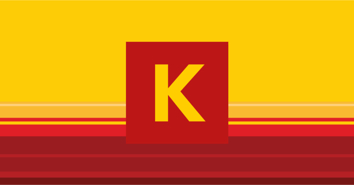 Das Bild zeigt ein rotes Quadrat mit einem gelben 'K' in der Mitte, vor einem gelb-rot gestreiften Hintergrund.