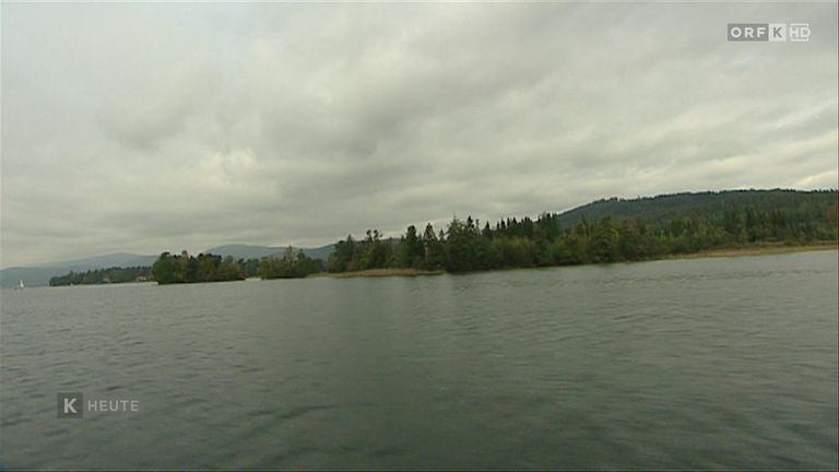 Ein ruhiger See, umgeben von Bäumen und Bergen unter einem bewölkten Himmel. Das Wasser ist ruhig und spiegelt den Himmel wider.