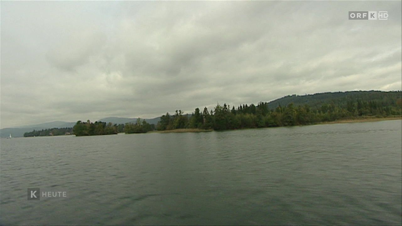 Ein ruhiger See, umgeben von Bäumen und Bergen unter einem bewölkten Himmel. Das Wasser ist ruhig und spiegelt den Himmel wider.