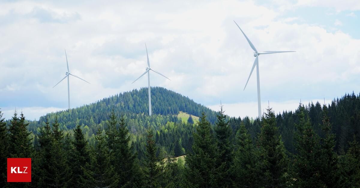 Drei Windräder stehen auf einer Hügelkuppe, umgeben von dichtem Wald unter einem bewölkten Himmel.