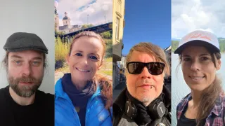 Eine Frau lächelt vor einer Brücke und einem Gebäude. Ein Mann trägt eine Sonnenbrille und Kopfhörer.