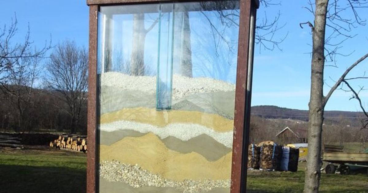 Ein Glasdisplay zeigt geschichteten Boden mit Kies, Sand und Ton. Bäume und ein Haus sind im Hintergrund sichtbar.