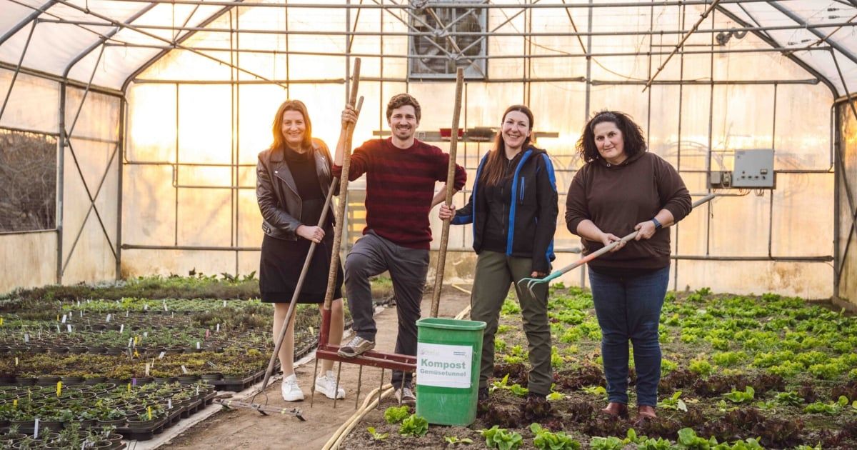 Four people in a greenhouse, three women and one man, smiling, with gardening tools and a compost bin, standing on soil with plants and seedlings.
