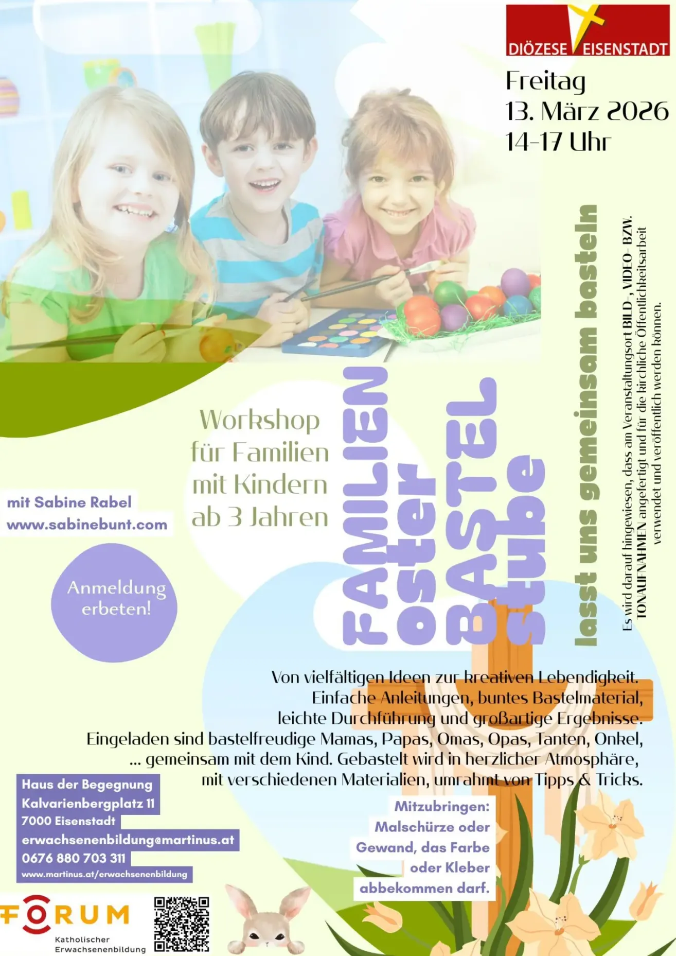 A poster for a family workshop with children aged 3 and up. It features three children painting Easter eggs. The text includes details about the workshop, location, and registration.