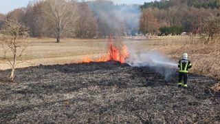 Ein Feuerwehrmann in einem gelben Uniform sprüht Wasser aus einem Schlauch, um ein Feuer in einem Feld mit Bäumen im Hintergrund zu löschen.