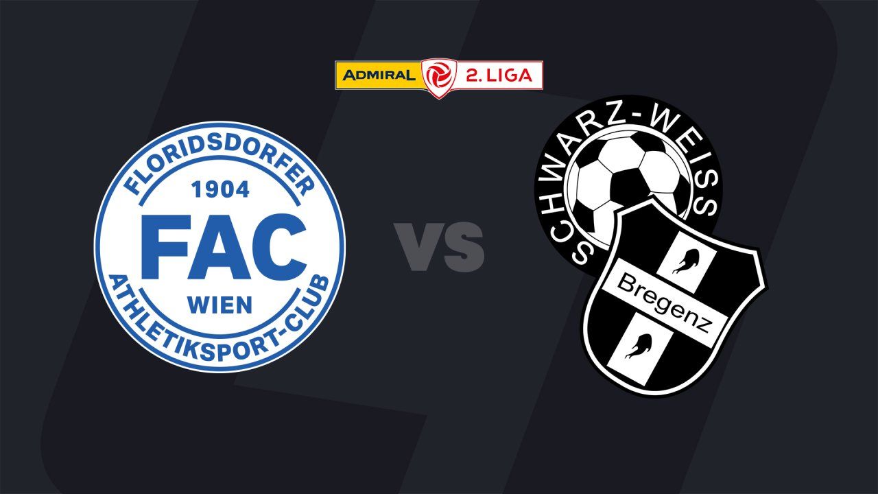 A soccer match between FAC Wien and Schwarz-Weiss Bregenz is shown with their logos and the 2. Liga logo.