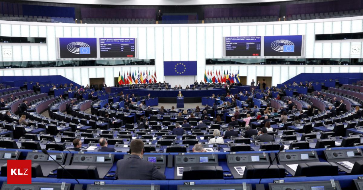 Eine Sitzung des Europäischen Parlaments in einer Halle, mehrere Flaggen hinter dem Redner, Abgeordnete in einem Halbkreis, Monitore auf Schreibtischen und ein Logo der Europäischen Union an der Wand.