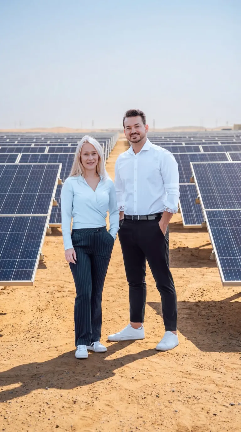 Ein Mann und eine Frau stehen lächelnd vor einer Solaranlage in der Wüste.
