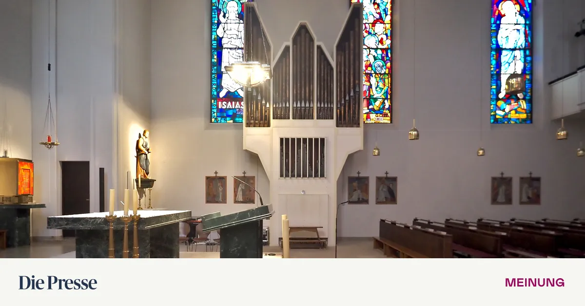 The interior of a church features stained glass windows, a large pipe organ, and a pulpit. There is a statue of a saint, candles, and benches.