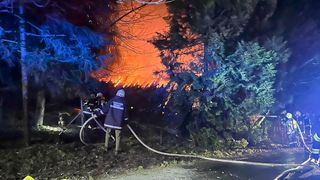 Firefighters in uniform battle a forest fire at night, with flames and smoke enveloping the trees.