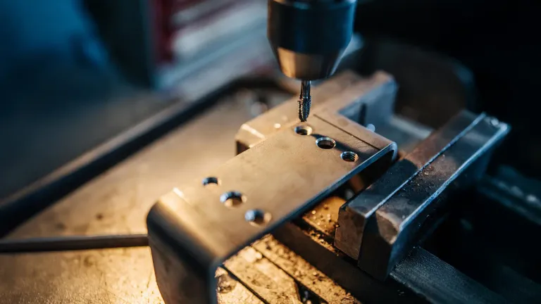 Ein Metallbauteil mit mehreren Löchern wird mit einer Maschine auf einem Metallarbeitstisch gebohrt.
