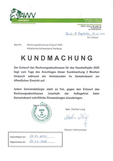 Dokument vom 12.02.2026 mit dem Titel 'Rechnungabschluss Entwurf 2025' zeigt den Entwurf zur Abrechnung des Haushaltsjahres 2025, der 2 Wochen nach dem Anhang im Gemeindeamt zur öffentlichen Einsicht verfügbar ist. Bürger können während der Öffnungszeiten schriftlich Einwände einreichen. Es ist eine Unterschrift und ein Siegel vorhanden.