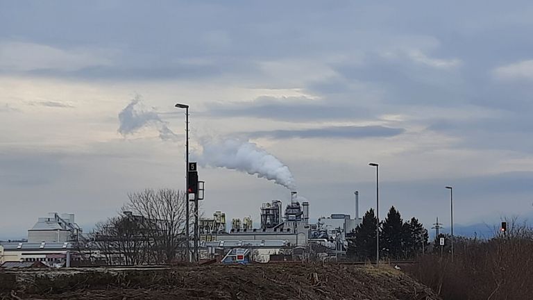 Ein Industriebetrieb mit Schornsteinen, die weißen Rauch abgeben, unter einem bewölkten Himmel. Bäume und Straßenlaternen im Vordergrund.