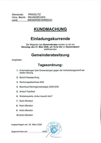 Amtliche Bekanntmachung über eine Gemeinderatssitzung am 31. März 2026 um 19.30 Uhr im Rathaus. Auf der Tagesordnung stehen Entscheidungen zu Einwänden, Finanzbericht, Haushaltsgenehmigung, Regionalstrategie, Buchkauf und Workshops. Einige Punkte sind vertraulich.