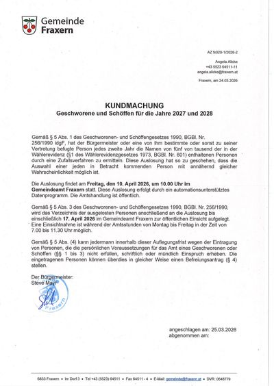 Die Bekanntmachung verpflichtet den Bürgermeister oder eine von ihm bestimmte Person, eine zweite Person auszuwählen, deren Name im Wählerverzeichnis steht. Diese Auswahl basiert auf der Wahrscheinlichkeit, dass die Person erscheinen wird. Der Auswahlprozess findet am Freitag, 10. April 2026, um 10:00 Uhr im Gemeindeamt statt.