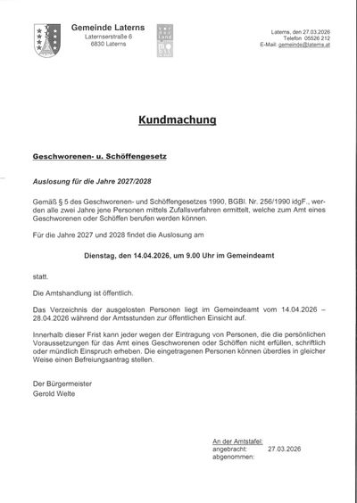 Amtliche Bekanntmachung zur Ausnahmeregelung für die Jahre 2027 und 2028. Die Auswahl findet am 14.04.2026 um 9.00 Uhr im Gemeindeamt statt. Die Liste der ausgenommenen Personen ist vom 14.04.2026 bis 28.04.2026 zur öffentlichen Einsicht verfügbar.