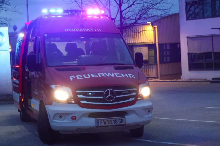 Ein roter Krankenwagen mit der Aufschrift 'FEUERWEHR' auf der Seite ist mit eingeschalteten Lichtern geparkt, möglicherweise als Reaktion auf einen Notfall.