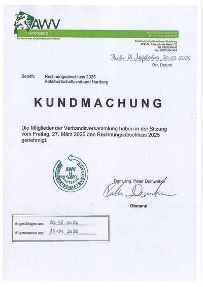 Die Mitglieder der Verbandsversammlung haben den Rechnungsabschluss 2025 am Freitag, 27. März 2026 genehmigt. Unterzeichnet von Peter Domweber, datiert 30.03.2026. Eingereicht am 30.03.2026 und erhalten am 13.04.2026.