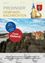 Plakat für Preding Gemeindenachrichten. Es zeigt eine malerische Landschaft mit einem Schloss und einem See. Das Plakat hat einen blauen Kreis mit weißem Text in der Mitte und einen roten Kreis mit weißem Text auf der rechten Seite. Der Text lautet 'Frohe Ostern!'