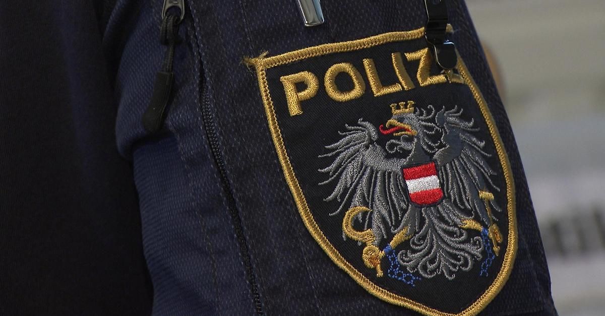 Ein Nahaufnahme eines dunkelblauen Jacken mit gesticktem Polizeiemblem. Das Emblem zeigt einen Adler mit Krone und Schild, und der Schriftzug 'POLIZEI' darüber.