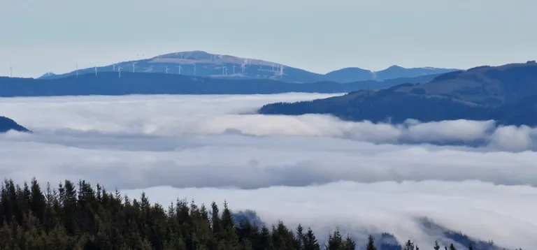 Luftaufnahme von Bergen mit Windkraftanlagen am Horizont, umgeben von Nebel. Bäume bedecken den Vordergrund.