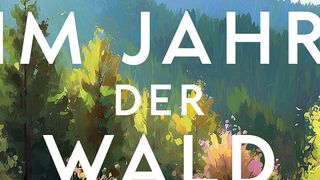 Ein farbenfrohes Gemälde eines Waldes mit Bäumen und Pflanzen. Die Worte 'M Jahr der Wald' sind oben in Weiß geschrieben.