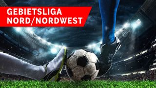 Ein Fußballspieler mit blauen Socken tritt einen Fußball auf einem grünen Feld, mit einem Stadion im Hintergrund und dem Text 'Bundesliga Nordwest' in Rot.