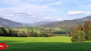 Eine ländliche Landschaft mit üppigen grünen Feldern, verstreuten Bäumen und entfernten Bergen unter einem teilweise bewölkten Himmel.