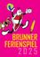 Eine Cartoon-Figur mit Kompass und Ball spielt mit einem Hund. Der Poster hat einen pinken Hintergrund mit gelbem und weissem Text, der 'Brunner Ferienspiel' lautet.