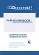Das Bild zeigt eine Werbung für Versicherungsvergleichsdienste. Es hat ein blau-weißes Design mit dem Slogan 'Gemeinsam finden wir die beste Route' und einem Symbol einer Person, die eine Leiter erklimmt. Es betont preisgekrönte Unabhängigkeit und setzt die richtigen Schritte mit ihnen.