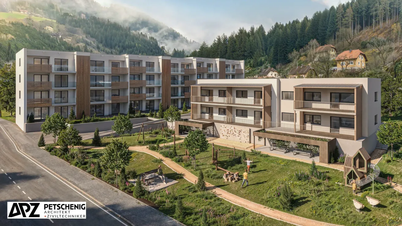 Ein modernes Apartmentkomplex mit einem Spielplatz davor, umgeben von Bäumen und Grünflächen. Der Komplex hat mehrere Etagen und Glasfenster. Menschen gehen auf dem Weg.